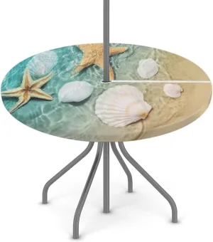 Round Fitted Tablecloth with Umbrella Hole Ocean Starfish Seashell Outdoor Tablecloth Waterproof Umbrella Table Cloth Zippered Tablecloth 36"-44" Round Elastic Table Cover for Patio