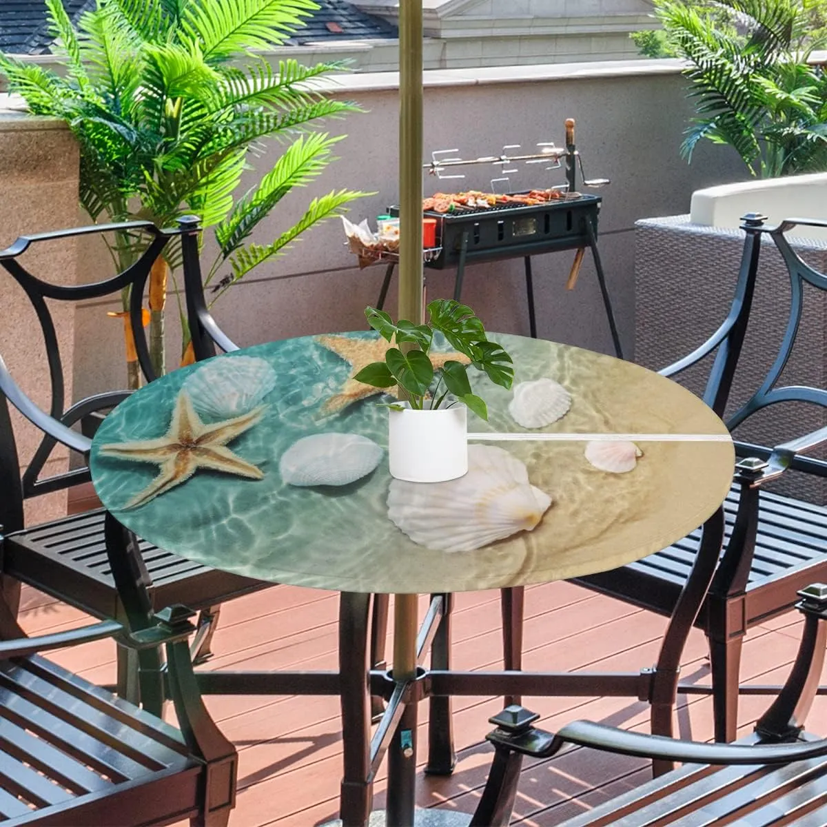 Round Fitted Tablecloth with Umbrella Hole Ocean Starfish Seashell Outdoor Tablecloth Waterproof Umbrella Table Cloth Zippered Tablecloth 36"-44" Round Elastic Table Cover for Patio