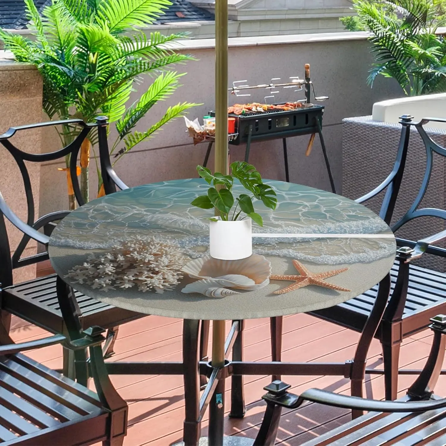 Round Fitted Tablecloth with Umbrella Hole Zipper - Summer Starfish Outdoor Table Cover with Elastic Edge - Waterproof Wipeable Table Cloth for Patio Picnic Party - 45"- 56"