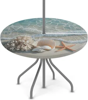 Round Fitted Tablecloth with Umbrella Hole Zipper - Summer Starfish Outdoor Table Cover with Elastic Edge - Waterproof Wipeable Table Cloth for Patio Picnic Party - 45"- 56"