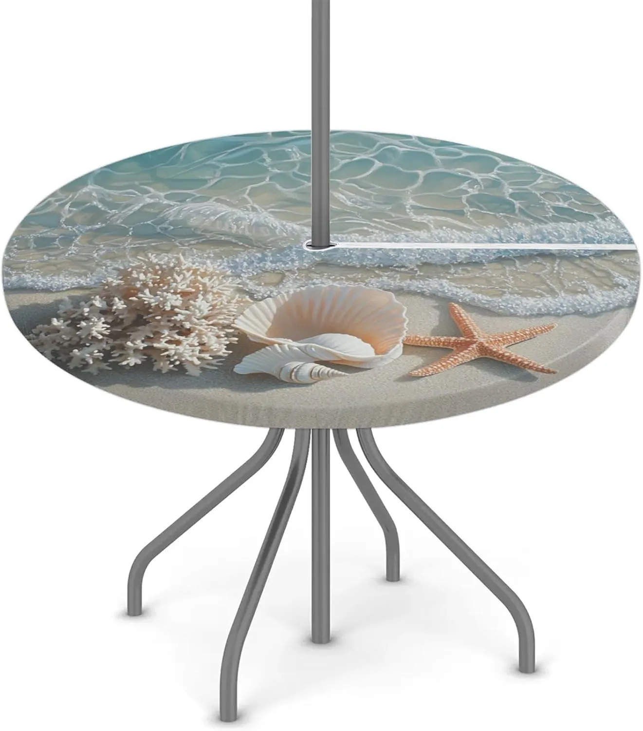 Round Fitted Tablecloth with Umbrella Hole Zipper - Summer Starfish Outdoor Table Cover with Elastic Edge - Waterproof Wipeable Table Cloth for Patio Picnic Party - 45"- 56"