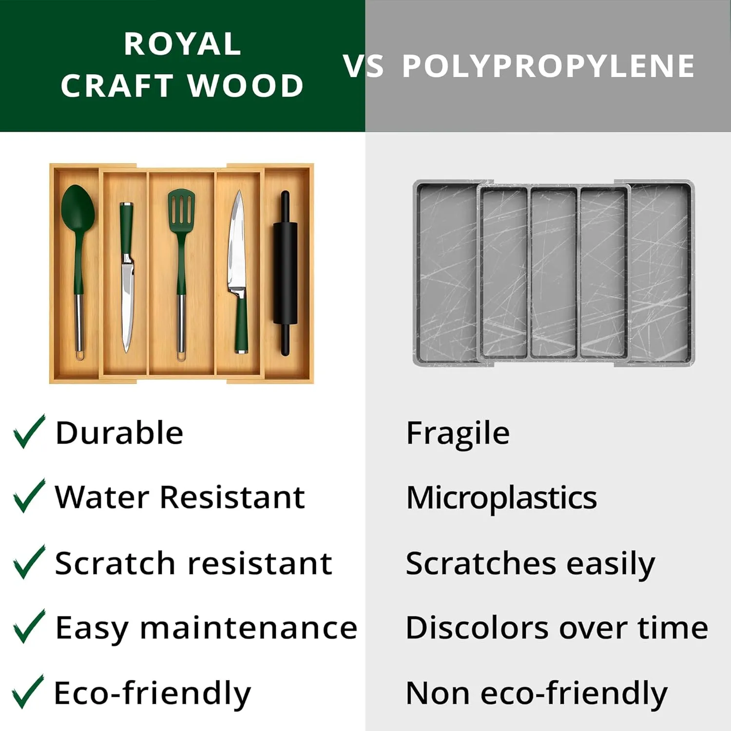 ROYAL CRAFT WOOD Luxury Bamboo Kitchen Drawer Organizer - Silverware Organizer - Utensil Holder and Cutlery Tray with Grooved Drawer Dividers for Flatware and Kitchen Utensils (5 Slot, Natural)