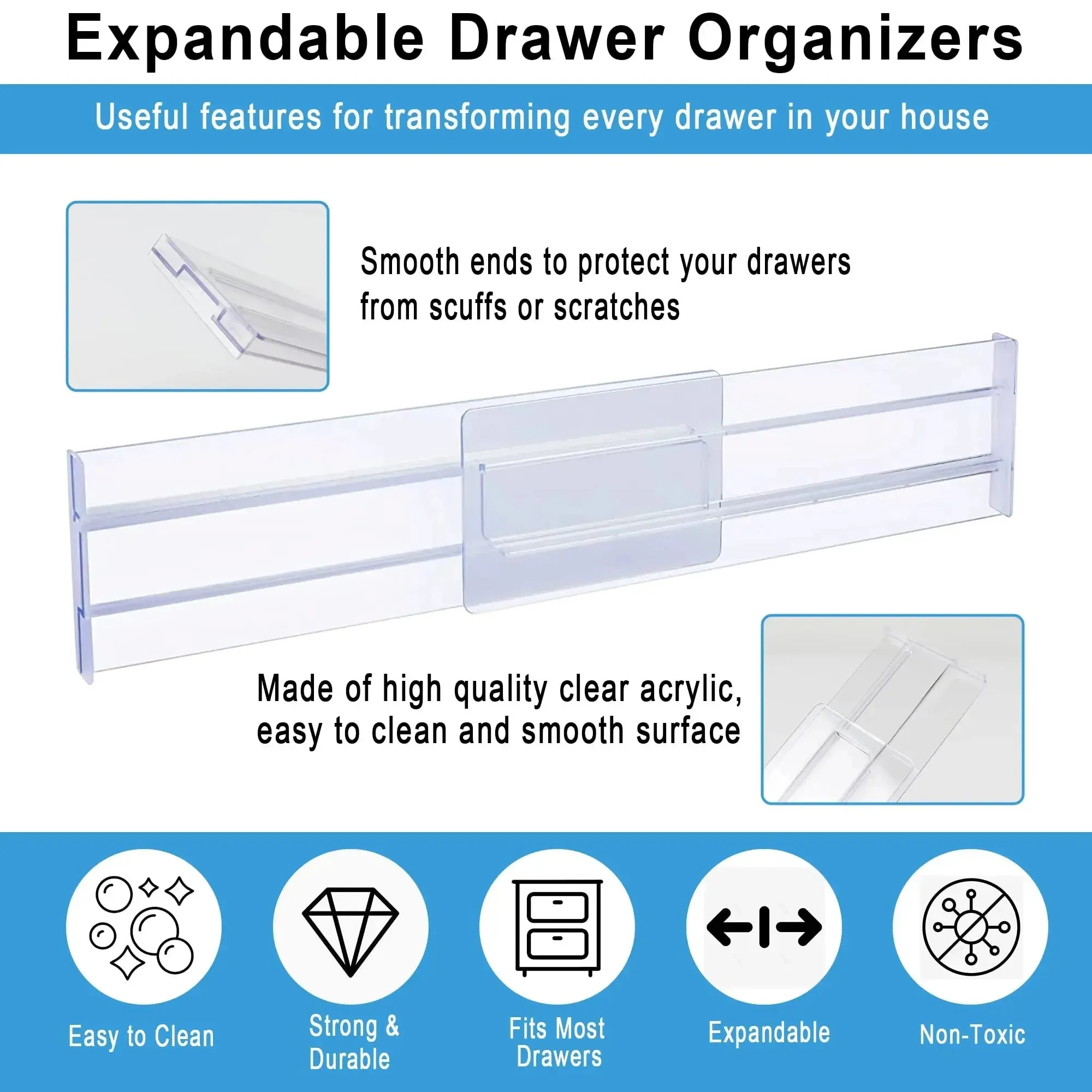 Royelux Adjustable Drawer Dividers – Expandable Clear Organizers for Kitchen & Home