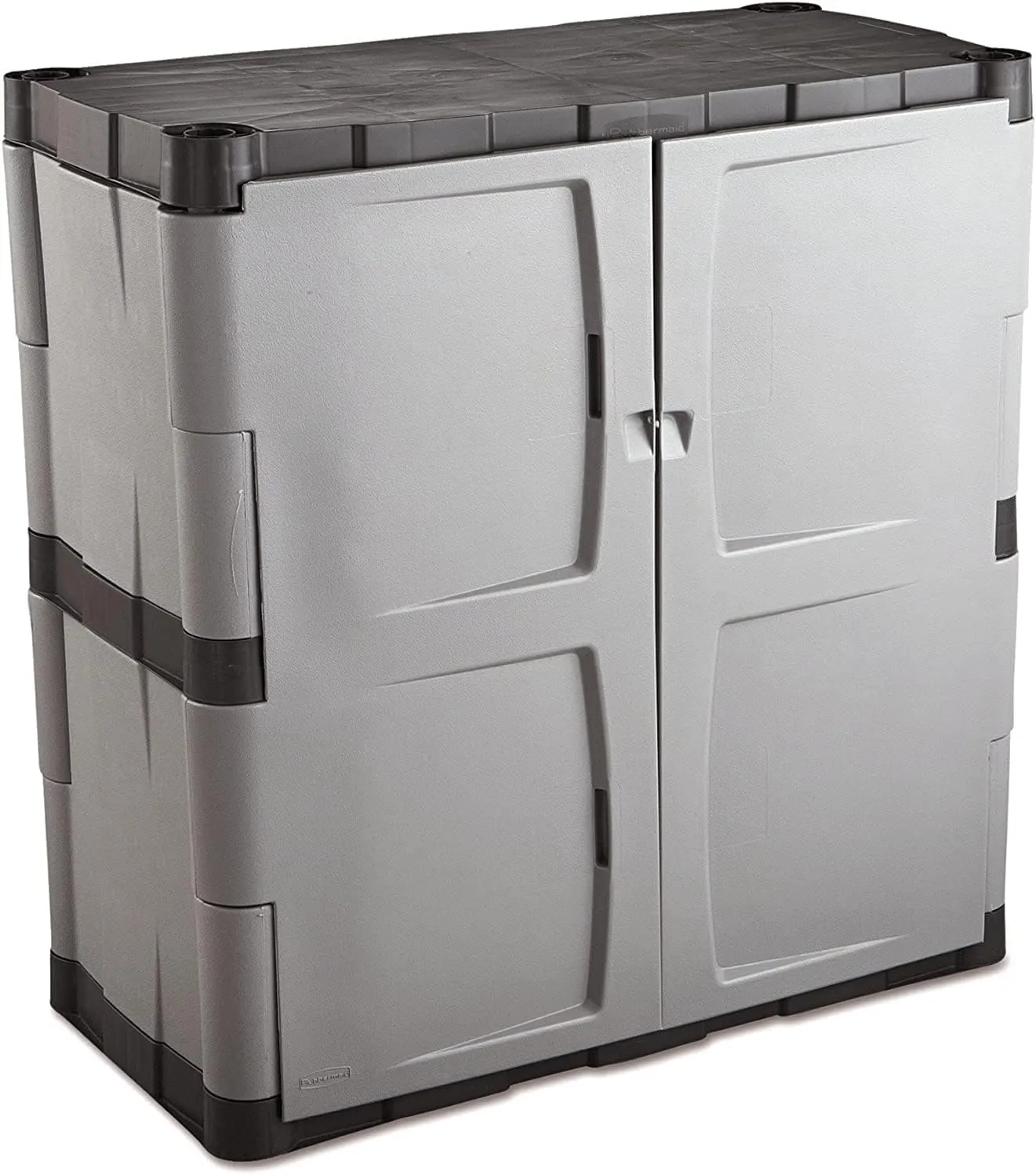 Rubbermaid Freestanding Storage Cabinet with Doors 18"D x 36"W x 37"H Medium Gray/Black Two-Shelf Lockable Cabinet for Indoor/Outdoor/Garage Storage for Garden Tools/Lawn Care Accessories