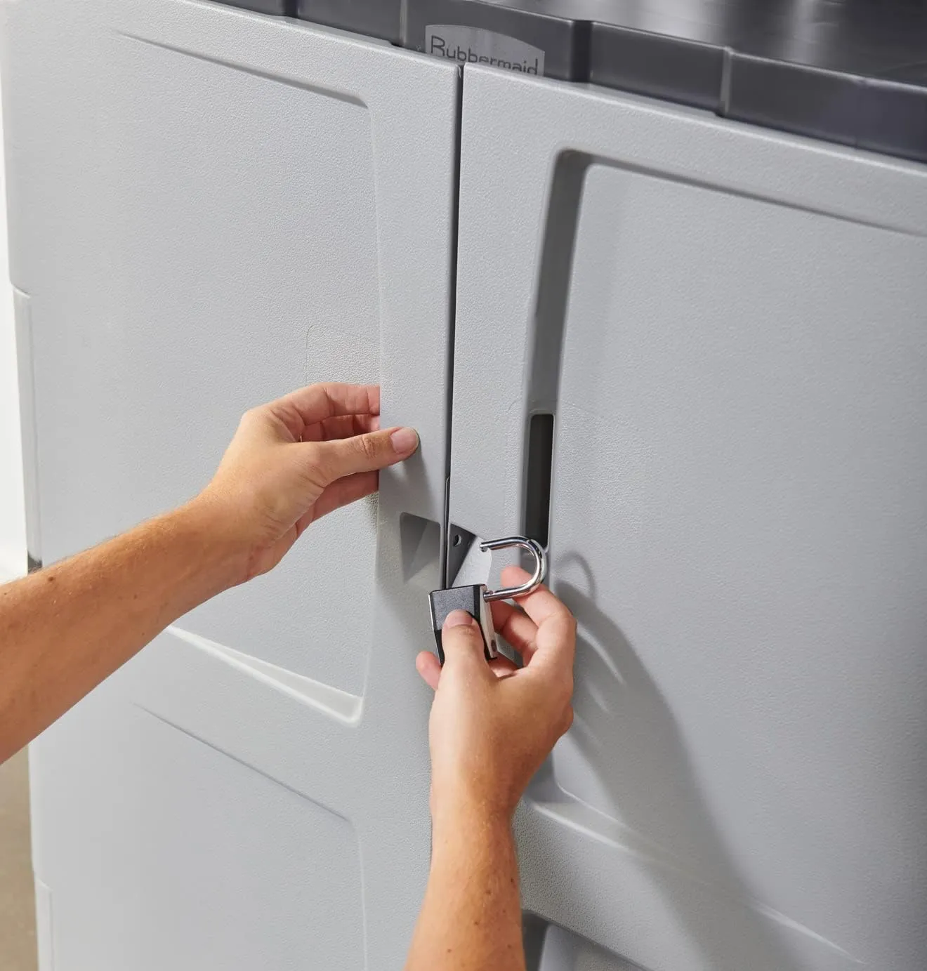 Rubbermaid Freestanding Storage Cabinet with Doors 18"D x 36"W x 37"H Medium Gray/Black Two-Shelf Lockable Cabinet for Indoor/Outdoor/Garage Storage for Garden Tools/Lawn Care Accessories