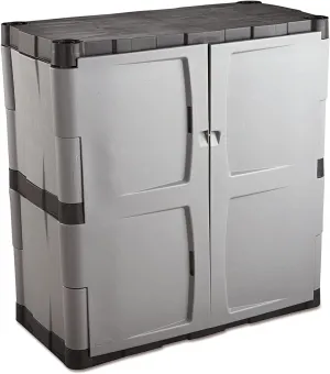 Rubbermaid Freestanding Storage Cabinet with Doors 18"D x 36"W x 37"H Medium Gray/Black Two-Shelf Lockable Cabinet for Indoor/Outdoor/Garage Storage for Garden Tools/Lawn Care Accessories