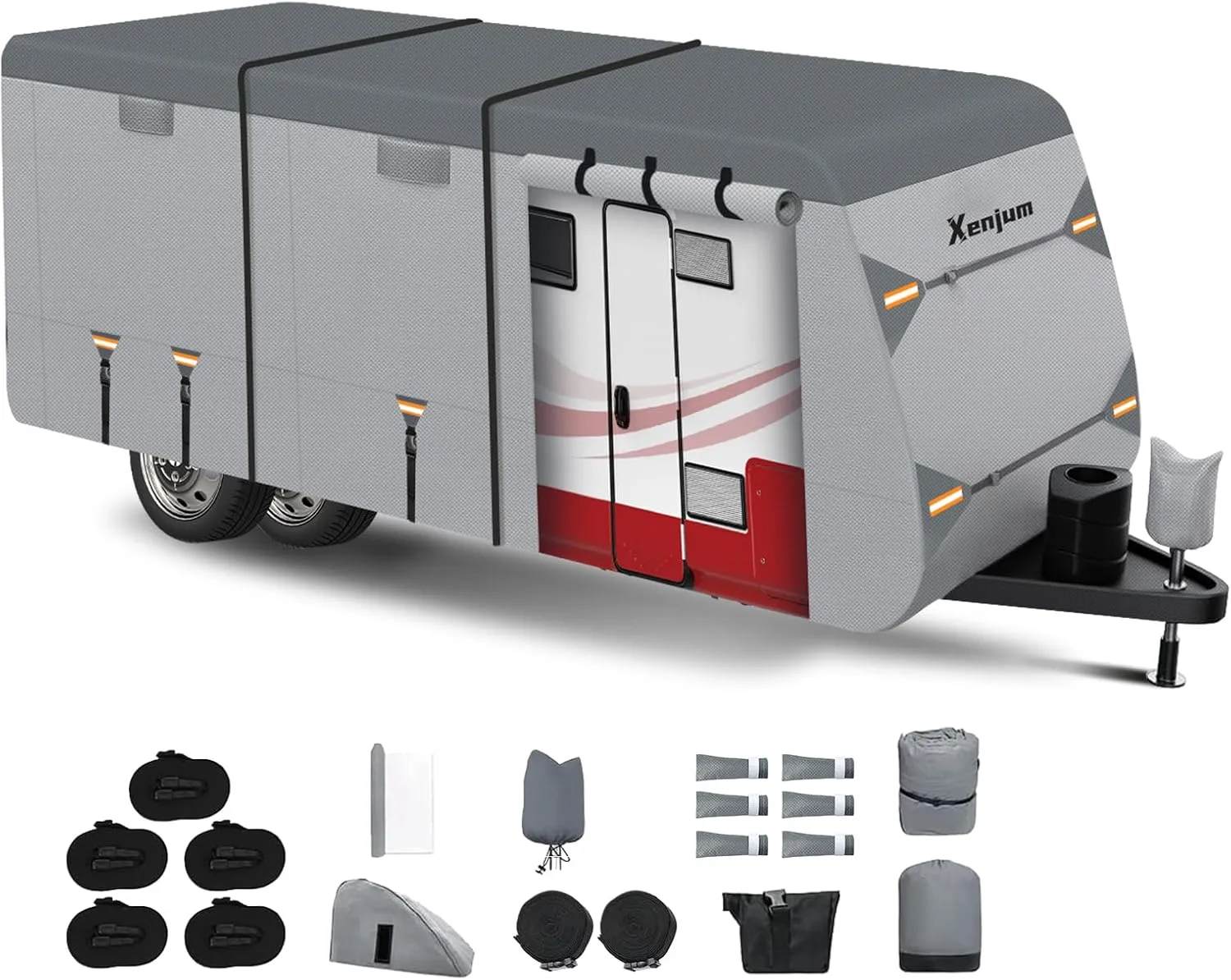 RV Cover for 18-20 ft Travel Trailers, 7-Layer Heavy Duty Camper Cover, Weatherproof & UV Resistant with Gutter & Tongue Jack Covers