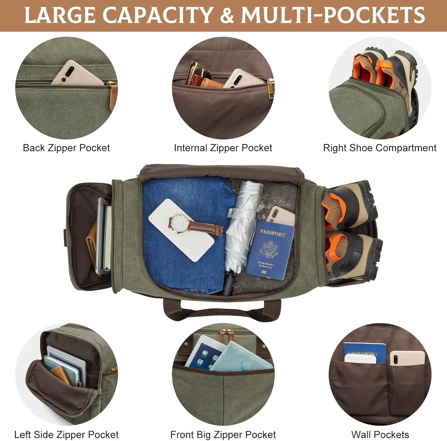 S-ZONE Canvas Duffel Bag Travel Weekend Overnight Bag with Shoes CompartMen and Woment for Men and Women'' }
