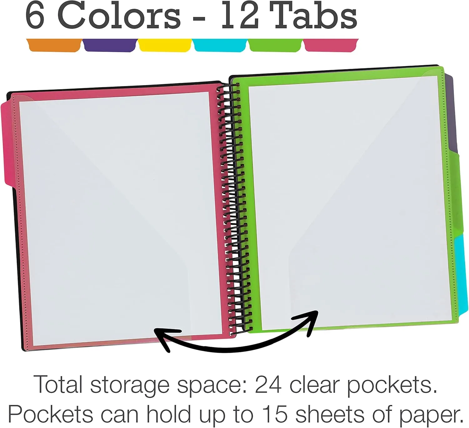 Samsill 2 Pack Deluxe 24 Pocket Spiral Project Organizer with Inner Zipper Pouch, Customizable Front Cover, 12 Dividers with Erasable Write-On Tabs in Fashion Colors, Plastic Folders with Pockets