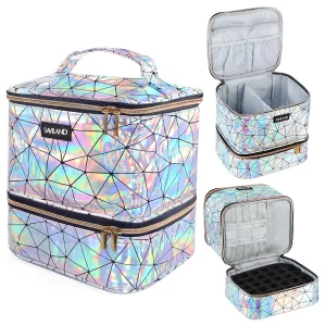 SAVILAND Nail Polish Organizer Bag: PU Leather Nail Kit Organizer Holds 30 Bottles & Nail Lamp, Holographic Nail Supply Organizer Nail Polish Holder Case Nail Organizers and Storage Box for Nail Tech