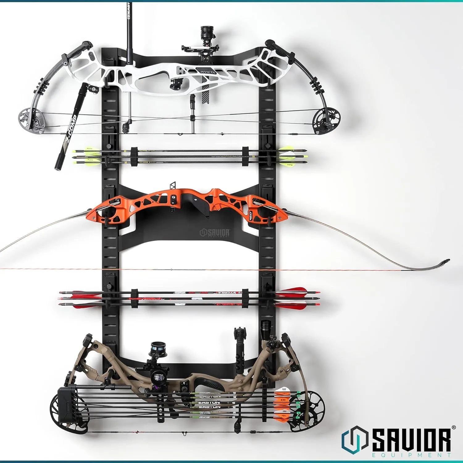 Savior Equipment Horizontal Steel Wall Mount Firearm Rifle Display Rack, Compound Bow Shotgun Carbine Gun Sword Tactical Vest Gear Hanger Free-Standing Indoor Storage Organizer, 10 Mounting Hooks