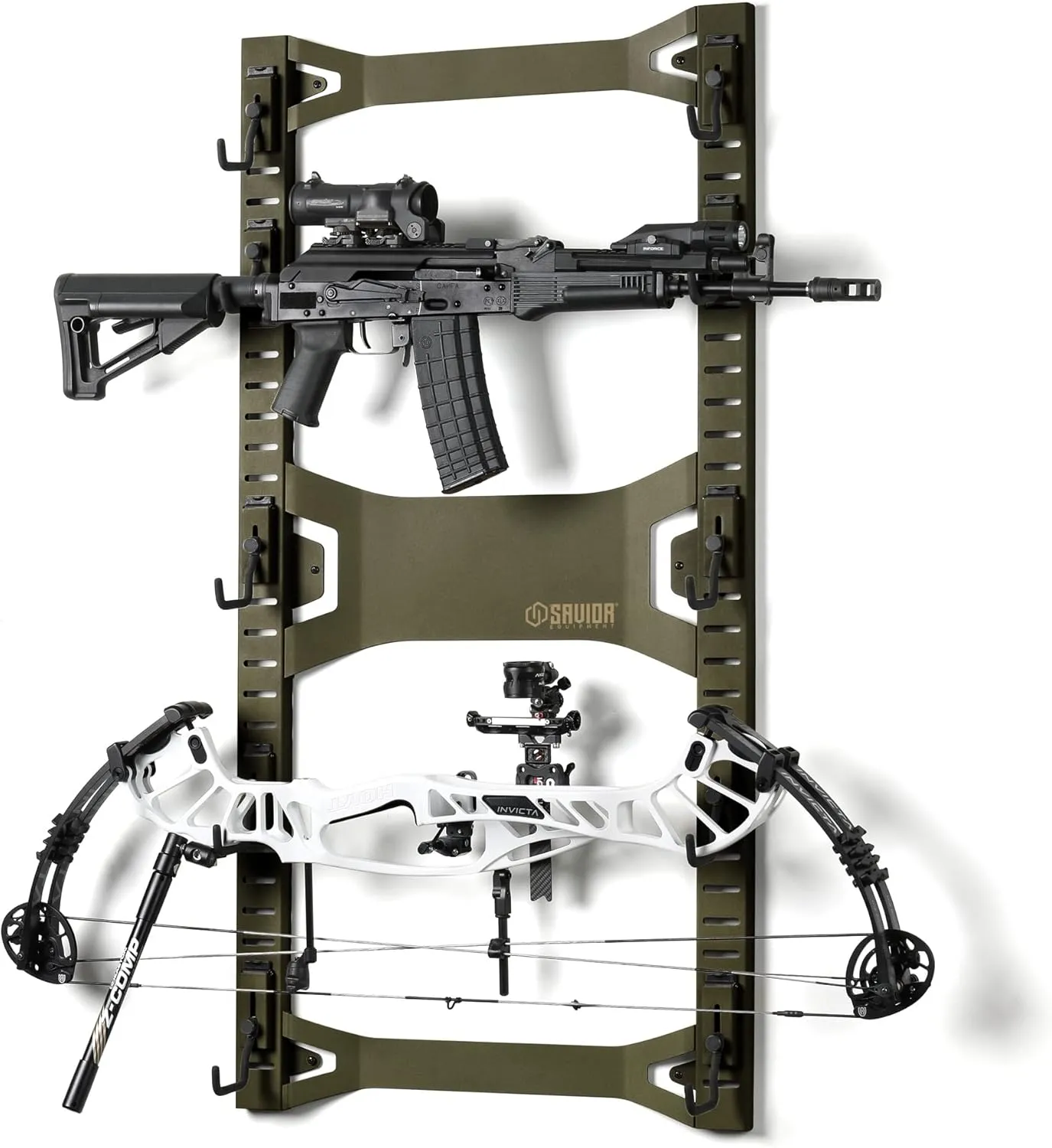 Savior Equipment Horizontal Steel Wall Mount Firearm Rifle Display Rack, Compound Bow Shotgun Carbine Gun Sword Tactical Vest Gear Hanger Free-Standing Indoor Storage Organizer, 10 Mounting Hooks