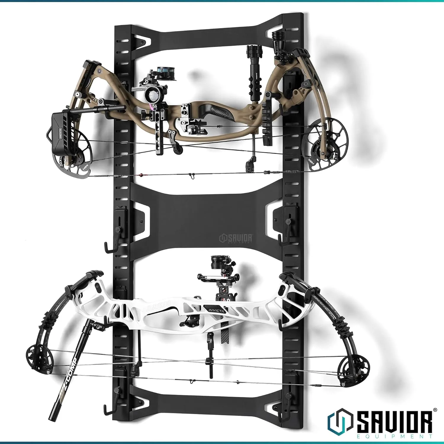 Savior Equipment Horizontal Steel Wall Mount Firearm Rifle Display Rack, Compound Bow Shotgun Carbine Gun Sword Tactical Vest Gear Hanger Free-Standing Indoor Storage Organizer, 10 Mounting Hooks
