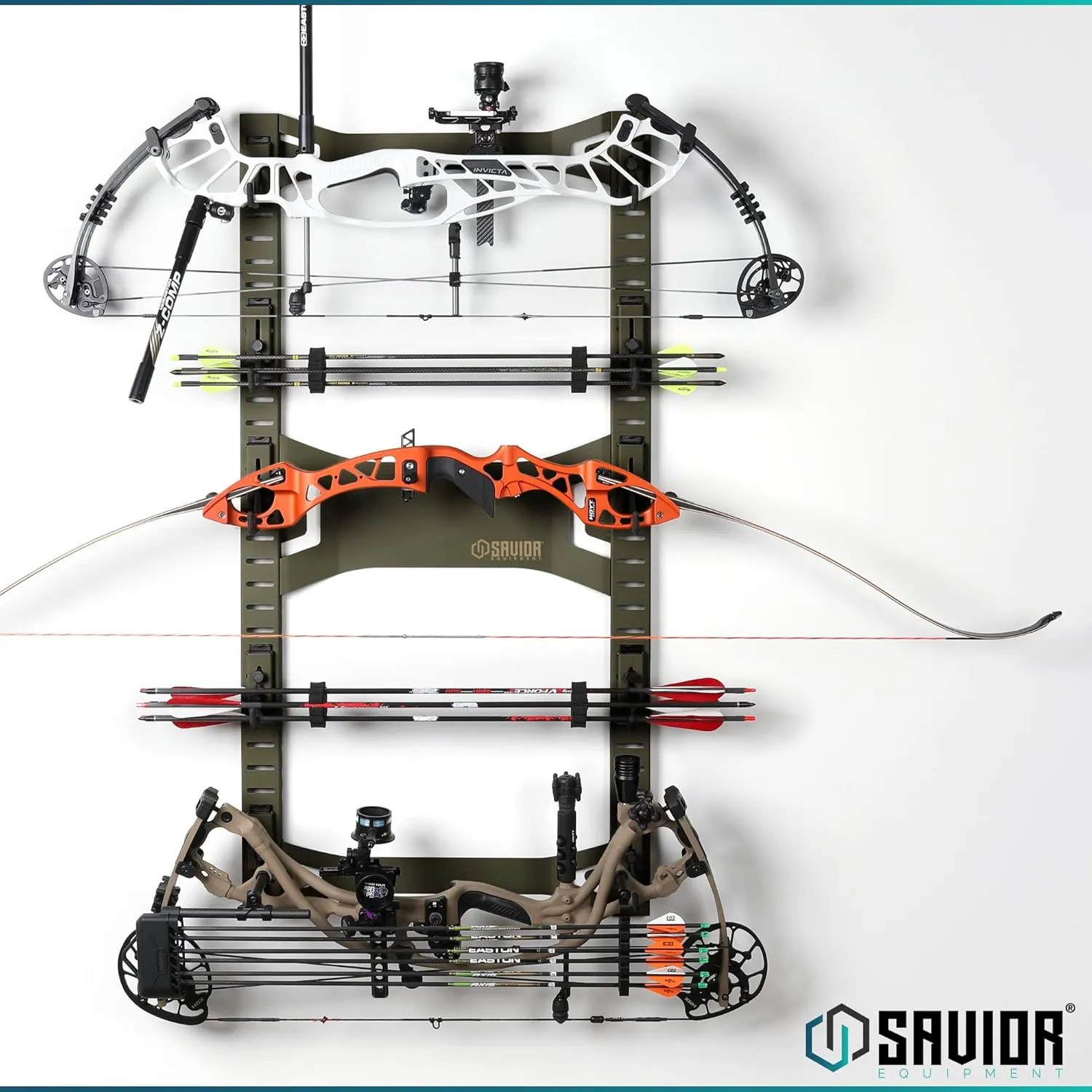 Savior Equipment Horizontal Steel Wall Mount Firearm Rifle Display Rack, Compound Bow Shotgun Carbine Gun Sword Tactical Vest Gear Hanger Free-Standing Indoor Storage Organizer, 10 Mounting Hooks