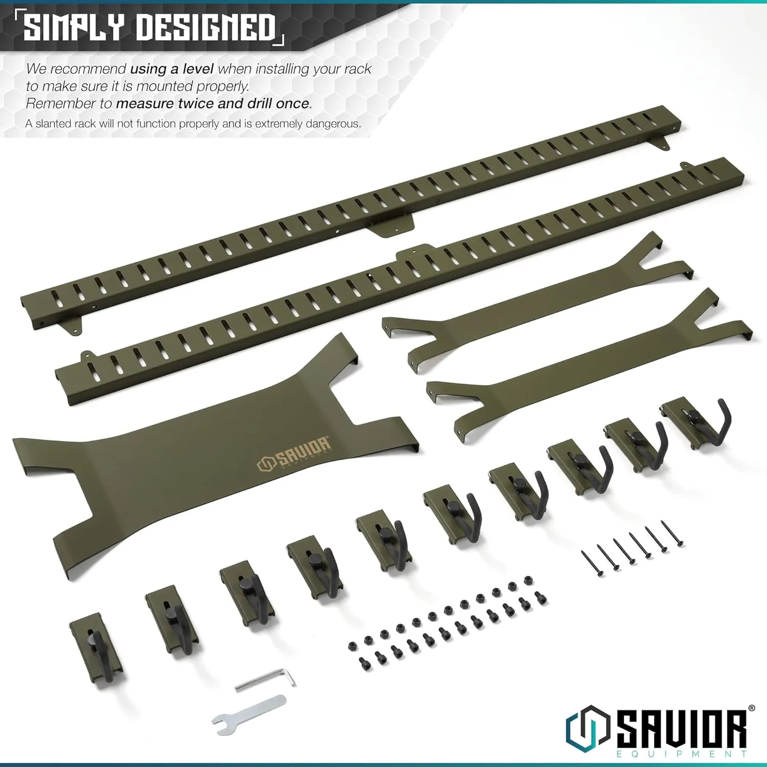 Savior Equipment Horizontal Steel Wall Mount Firearm Rifle Display Rack, Compound Bow Shotgun Carbine Gun Sword Tactical Vest Gear Hanger Free-Standing Indoor Storage Organizer, 10 Mounting Hooks