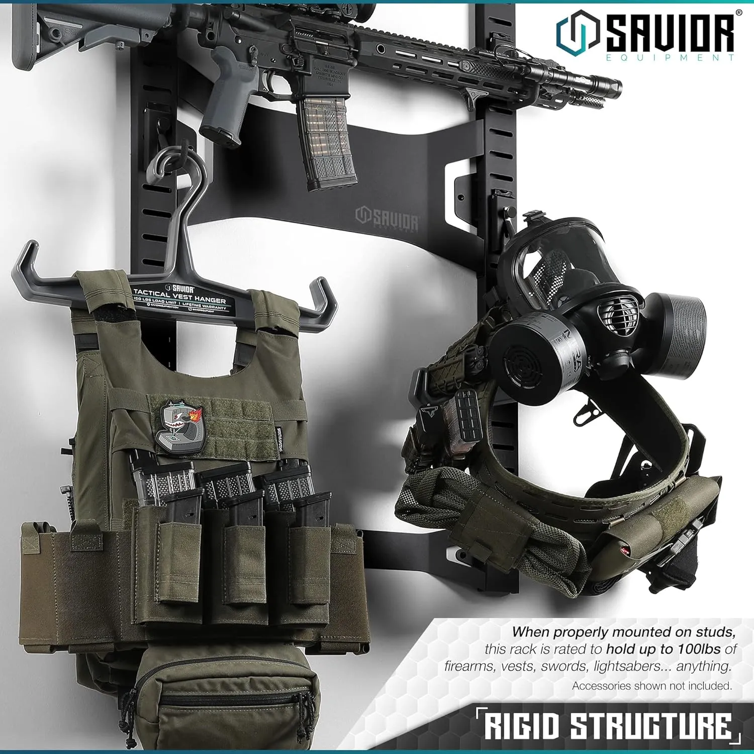 Savior Equipment Horizontal Steel Wall Mount Firearm Rifle Display Rack, Compound Bow Shotgun Carbine Gun Sword Tactical Vest Gear Hanger Free-Standing Indoor Storage Organizer, 10 Mounting Hooks