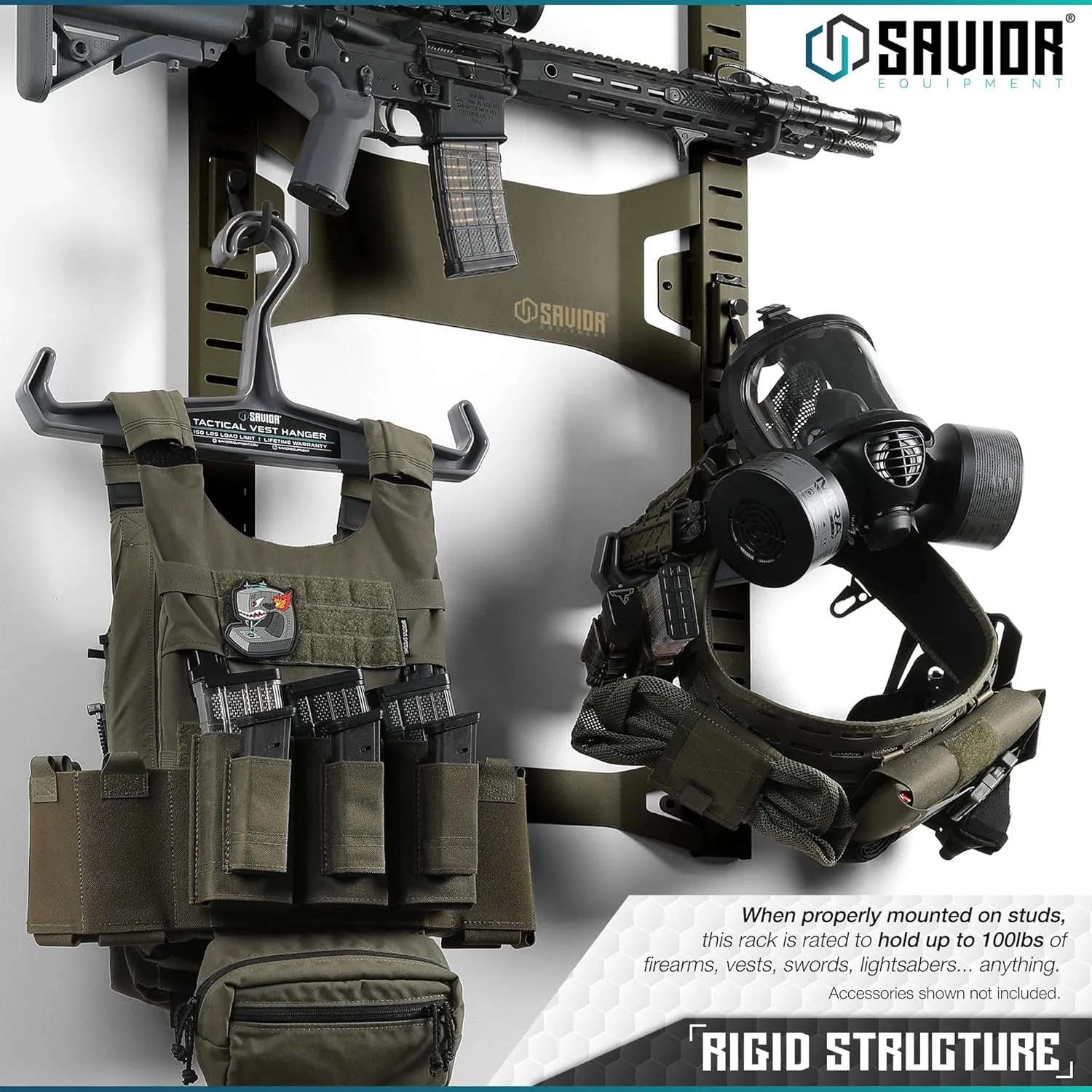 Savior Equipment Horizontal Steel Wall Mount Firearm Rifle Display Rack, Compound Bow Shotgun Carbine Gun Sword Tactical Vest Gear Hanger Free-Standing Indoor Storage Organizer, 10 Mounting Hooks