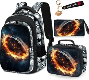 School Backpack for Boys - 4pcs American Football Boys Backpack with Lunch Box Set for Kids Children Teens Elementary Middle School - 17″ Sport Bookbag Travel Back Pack for Age 6-18
