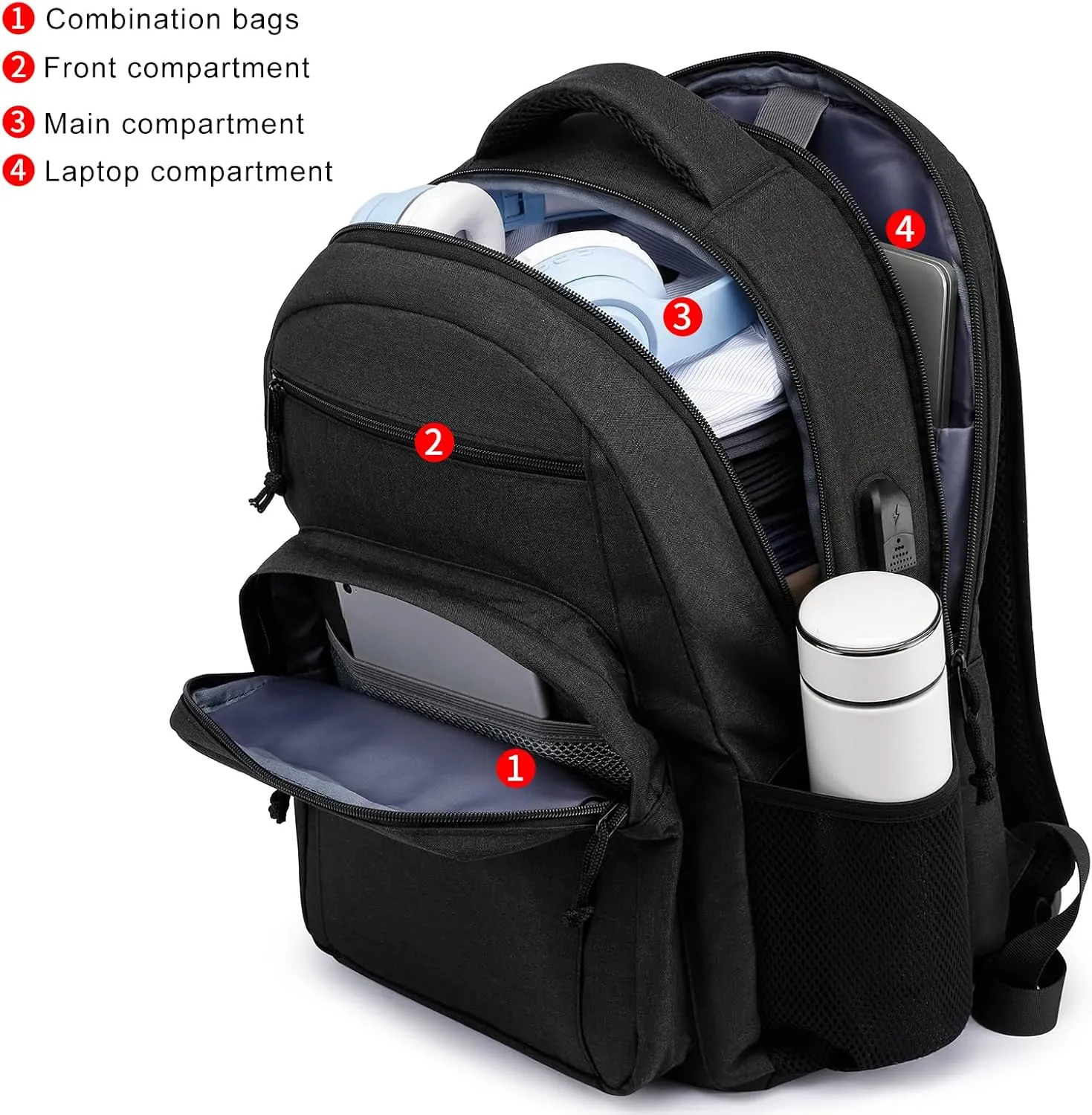 School Backpack for Teen Boys and Men, 15.6 Inch Laptop Backpack with USB Charging Port, Anti-Theft Water-Resistant College Computer Bookbag, Ergonomic Straps and Multiple Compartments, Black