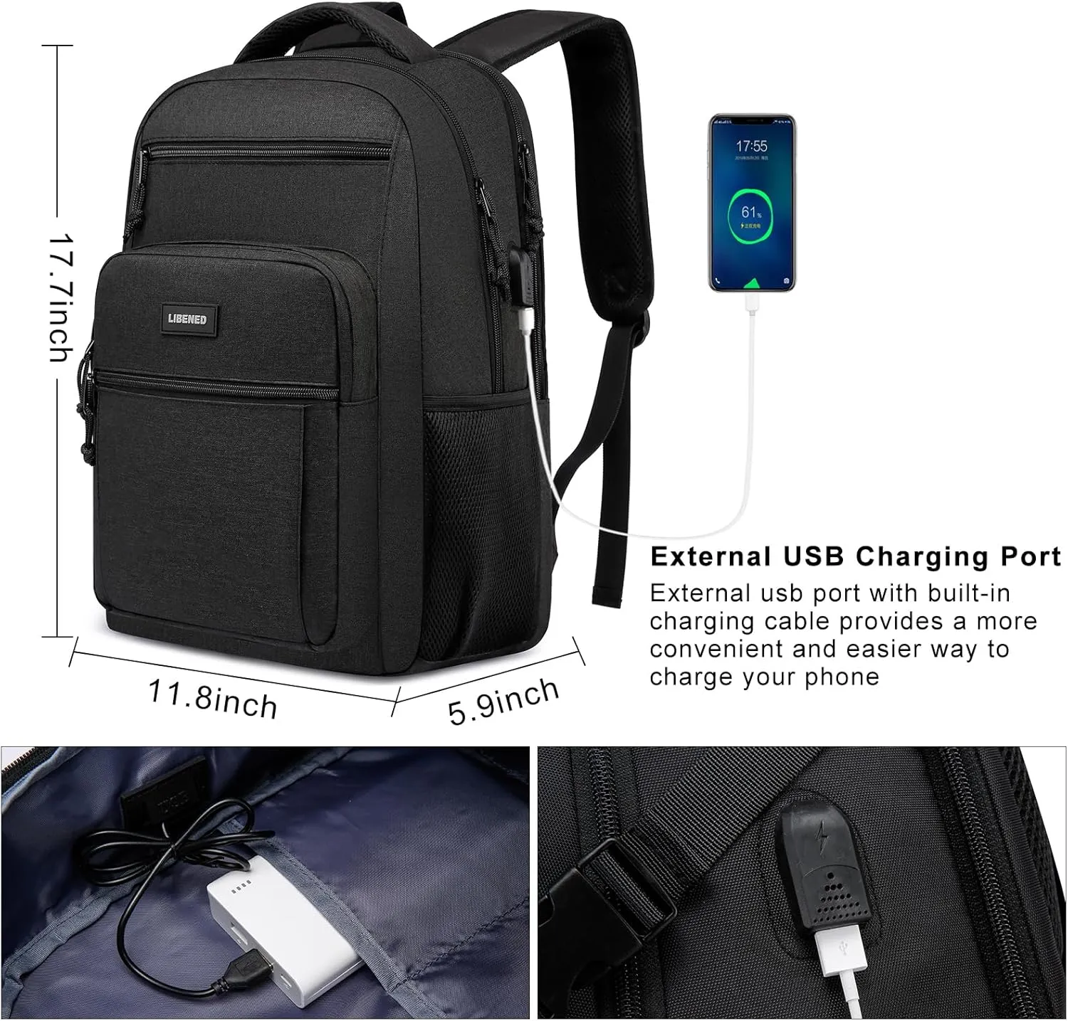 School Backpack for Teen Boys and Men, 15.6 Inch Laptop Backpack with USB Charging Port, Anti-Theft Water-Resistant College Computer Bookbag, Ergonomic Straps and Multiple Compartments, Black