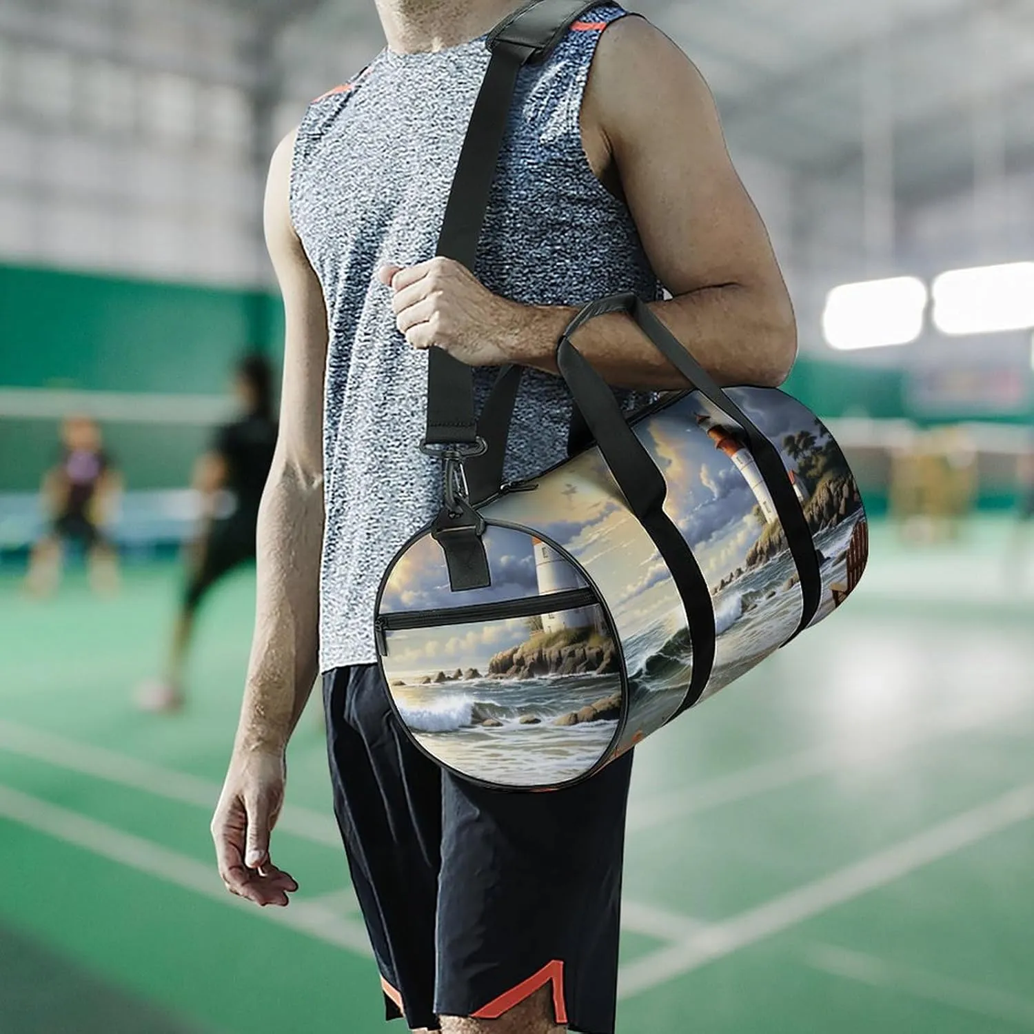 Sea Lighthouse Sandbeach Gym Bag Small Travel Duffle Bag with Compartment Carry On Weekender Bag for Women Men