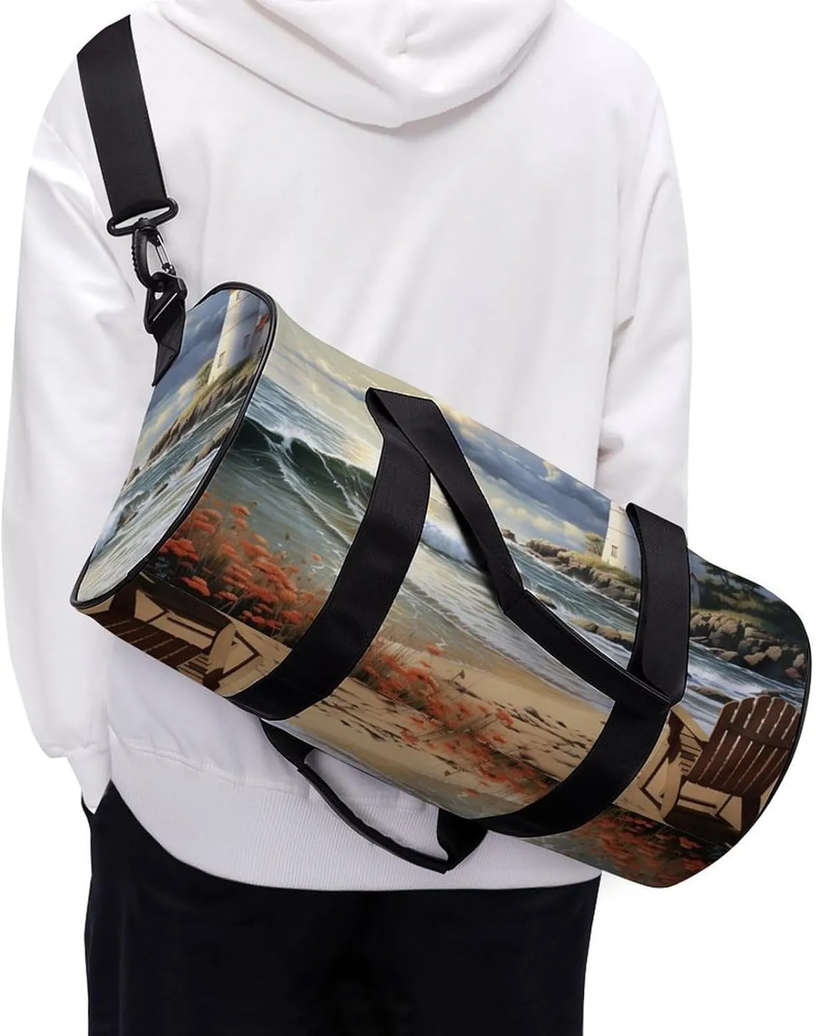 Sea Lighthouse Sandbeach Gym Bag Small Travel Duffle Bag with Compartment Carry On Weekender Bag for Women Men
