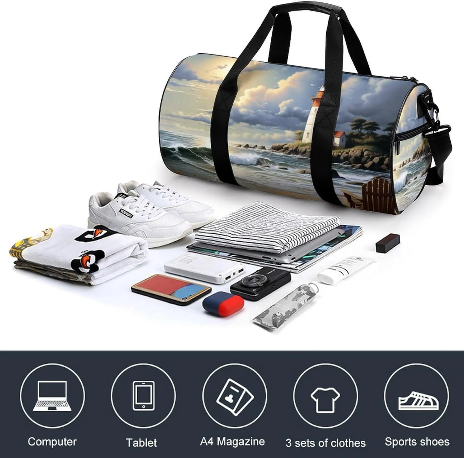 Sea Lighthouse Sandbeach Gym Bag Small Travel Duffle Bag with Compartment Carry On Weekender Bag for Women Men