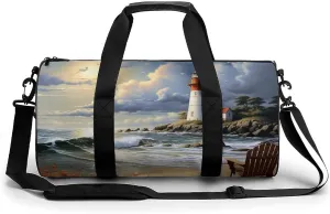 Sea Lighthouse Sandbeach Gym Bag Small Travel Duffle Bag with Compartment Carry On Weekender Bag for Women Men