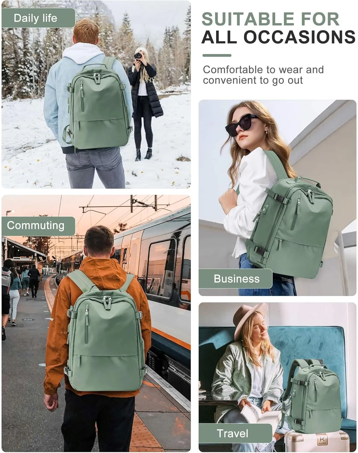 SEAFEW Carry On Backpack, Travel Backpack for Women Men Flight Approved, Personal Item Travel Bag for Airplanes, 14-15.6 Inch Laptop Business Backpack, Casual Daypack Gym Hiking Bakpack Green