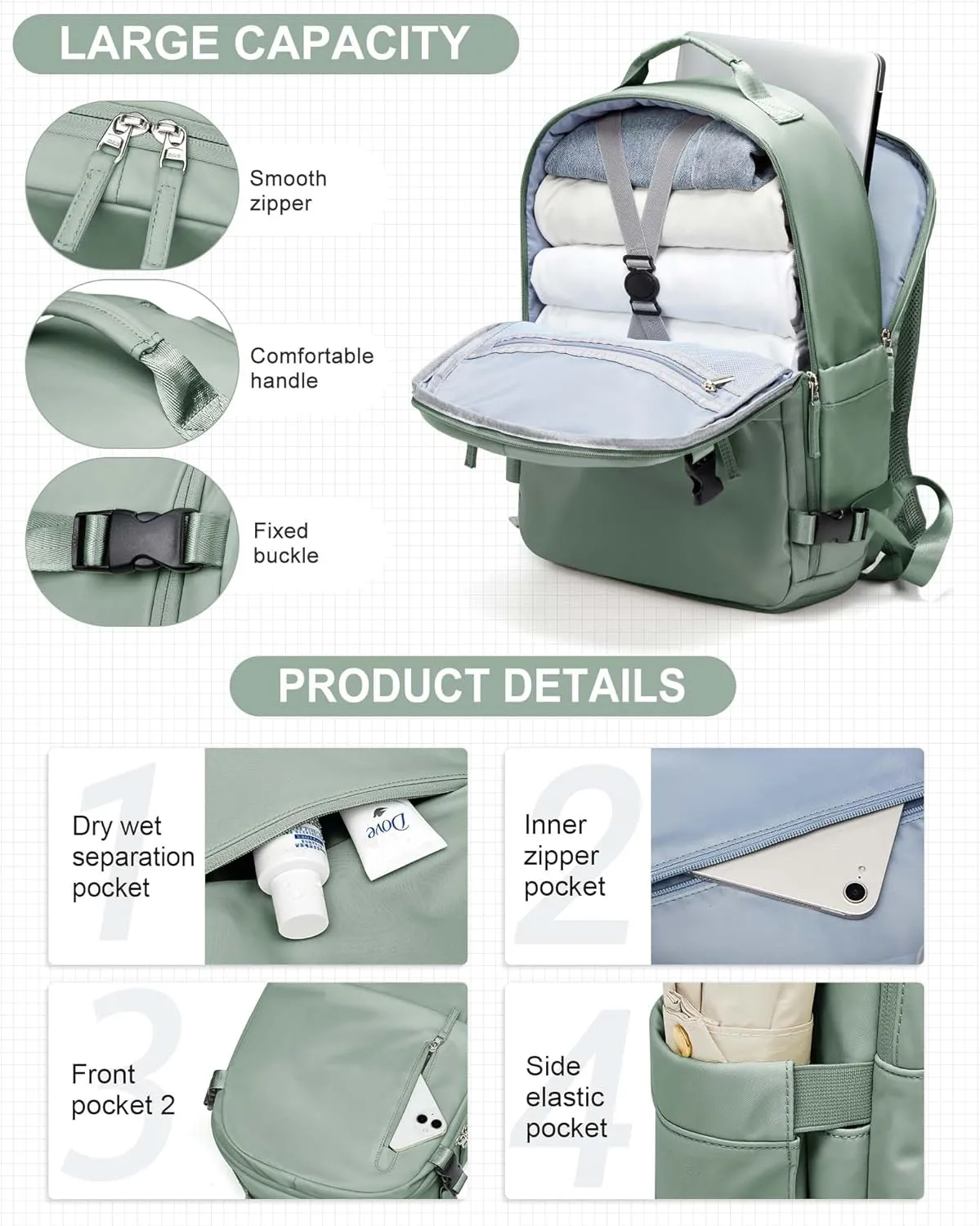 SEAFEW Carry On Backpack, Travel Backpack for Women Men Flight Approved, Personal Item Travel Bag for Airplanes, 14-15.6 Inch Laptop Business Backpack, Casual Daypack Gym Hiking Bakpack Green