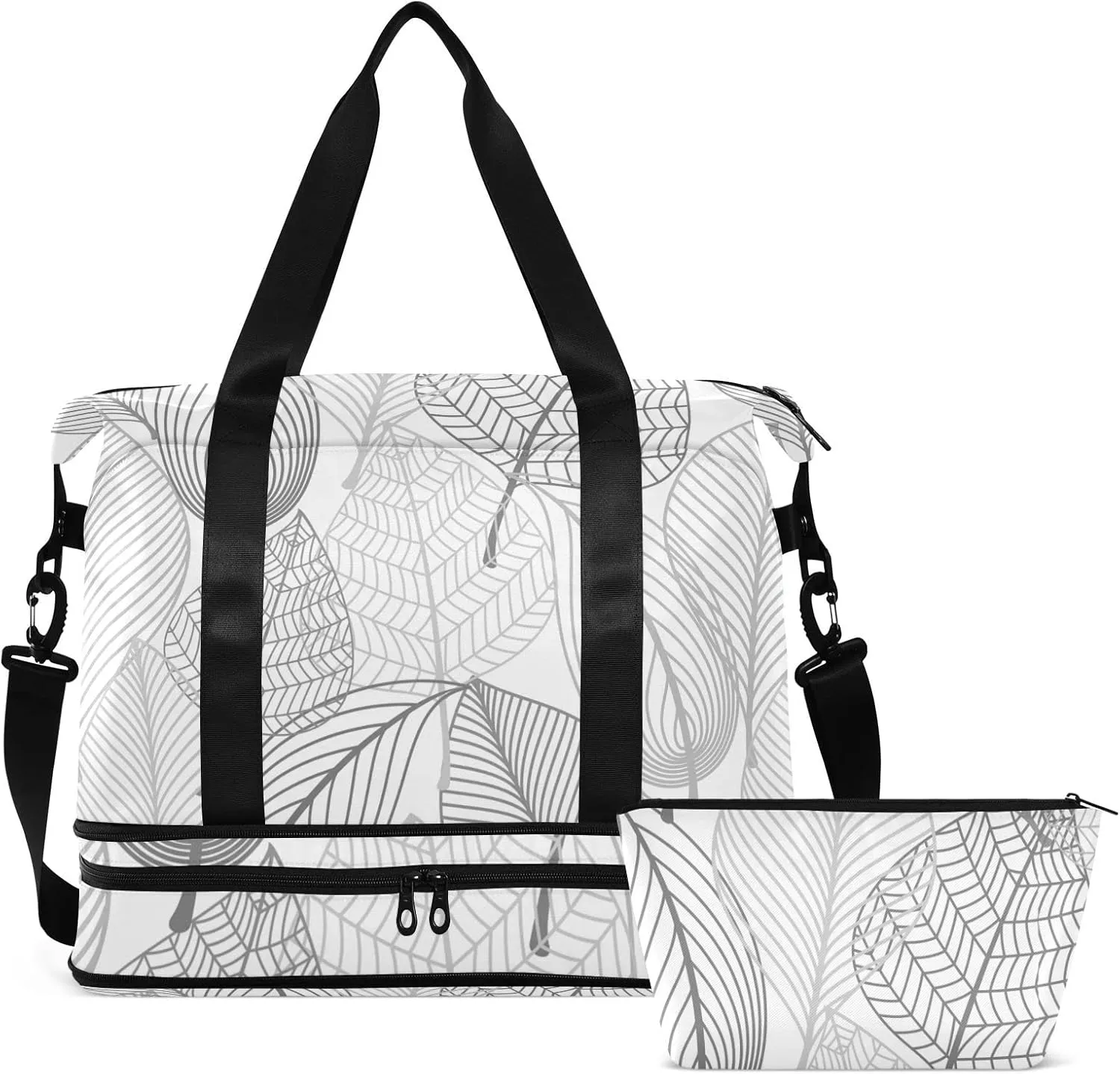 Seamless Autumn Black White Leaves Gold Leaf Silhouettes Gym Duffel Bag, Polyester Travel Weekender Luggage Handbag with Waterproof Pocket for Wet Items, Unisex Foldable Tote for Sports