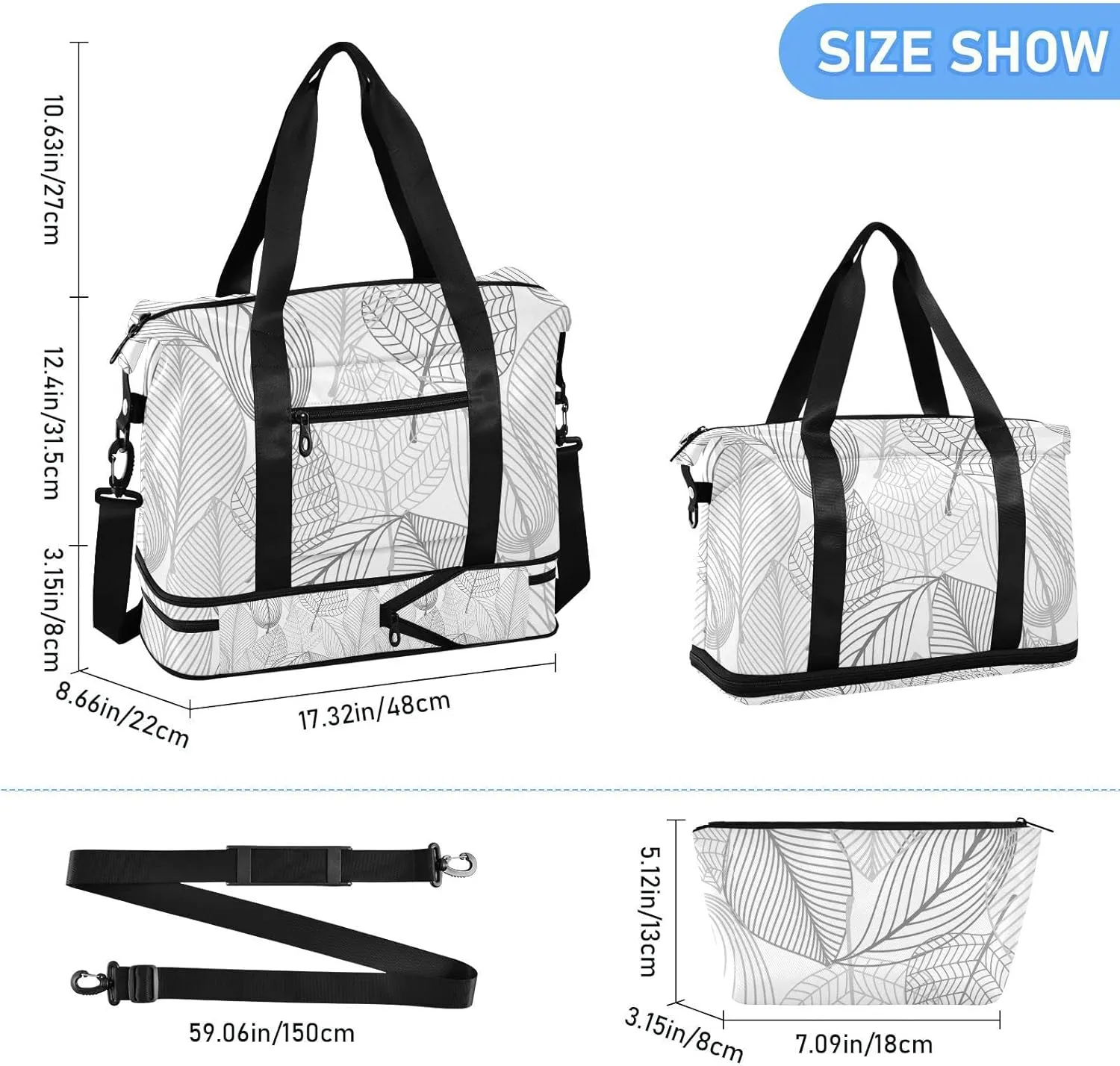 Seamless Autumn Black White Leaves Gold Leaf Silhouettes Gym Duffel Bag, Polyester Travel Weekender Luggage Handbag with Waterproof Pocket for Wet Items, Unisex Foldable Tote for Sports