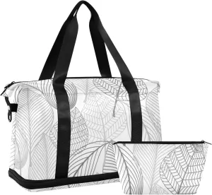Seamless Autumn Black White Leaves Gold Leaf Silhouettes Gym Duffel Bag, Polyester Travel Weekender Luggage Handbag with Waterproof Pocket for Wet Items, Unisex Foldable Tote for Sports