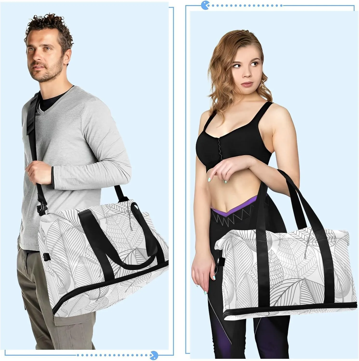 Seamless Autumn Black White Leaves Gold Leaf Silhouettes Gym Duffel Bag, Polyester Travel Weekender Luggage Handbag with Waterproof Pocket for Wet Items, Unisex Foldable Tote for Sports