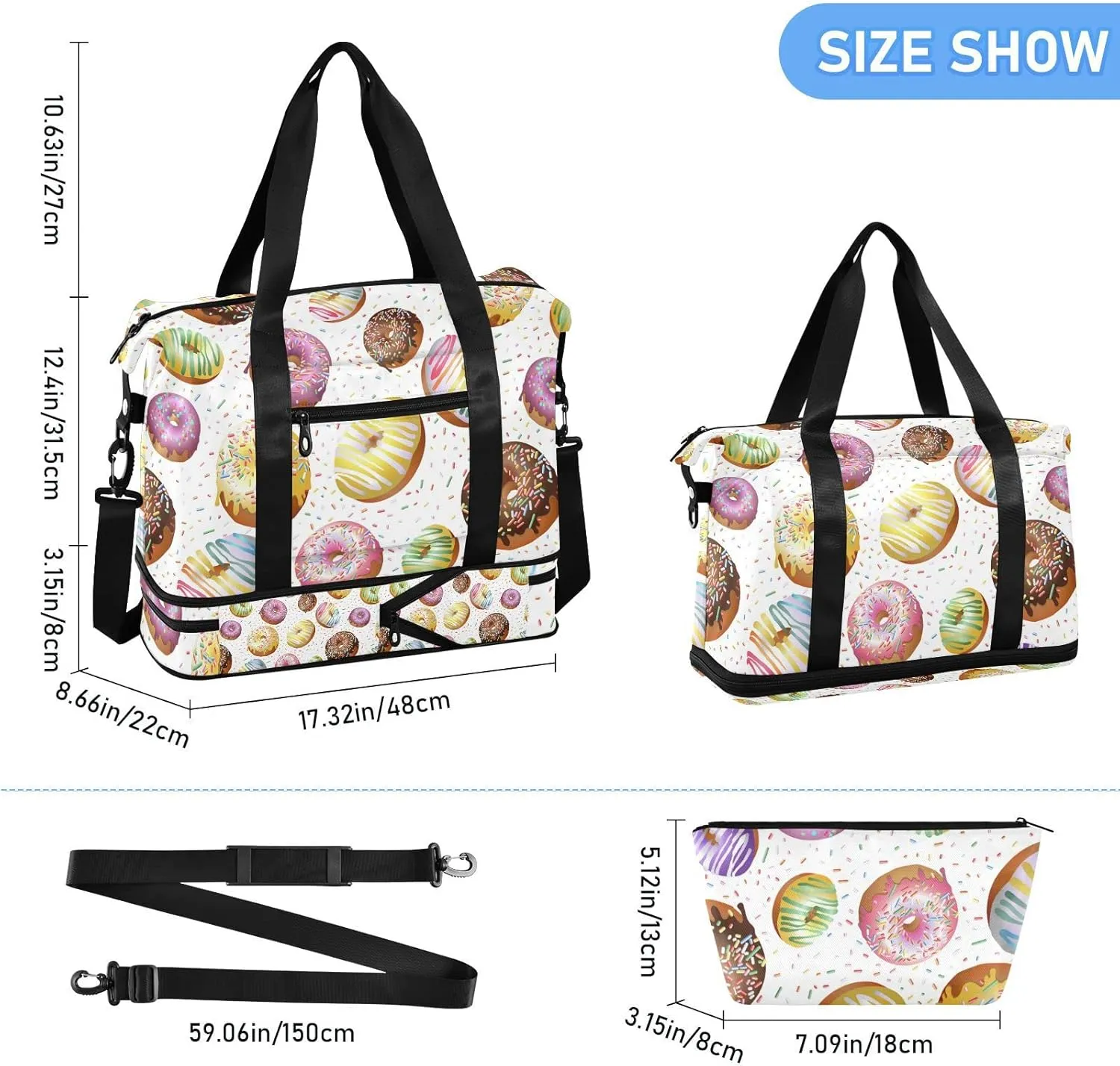 Seamless Colorful Donuts and Candies Dots Biscuits on White Gym Duffel Bag, Polyester Travel Weekender Luggage Handbag with Waterproof Pocket for Wet Items, Unisex Foldable Tote for Sports