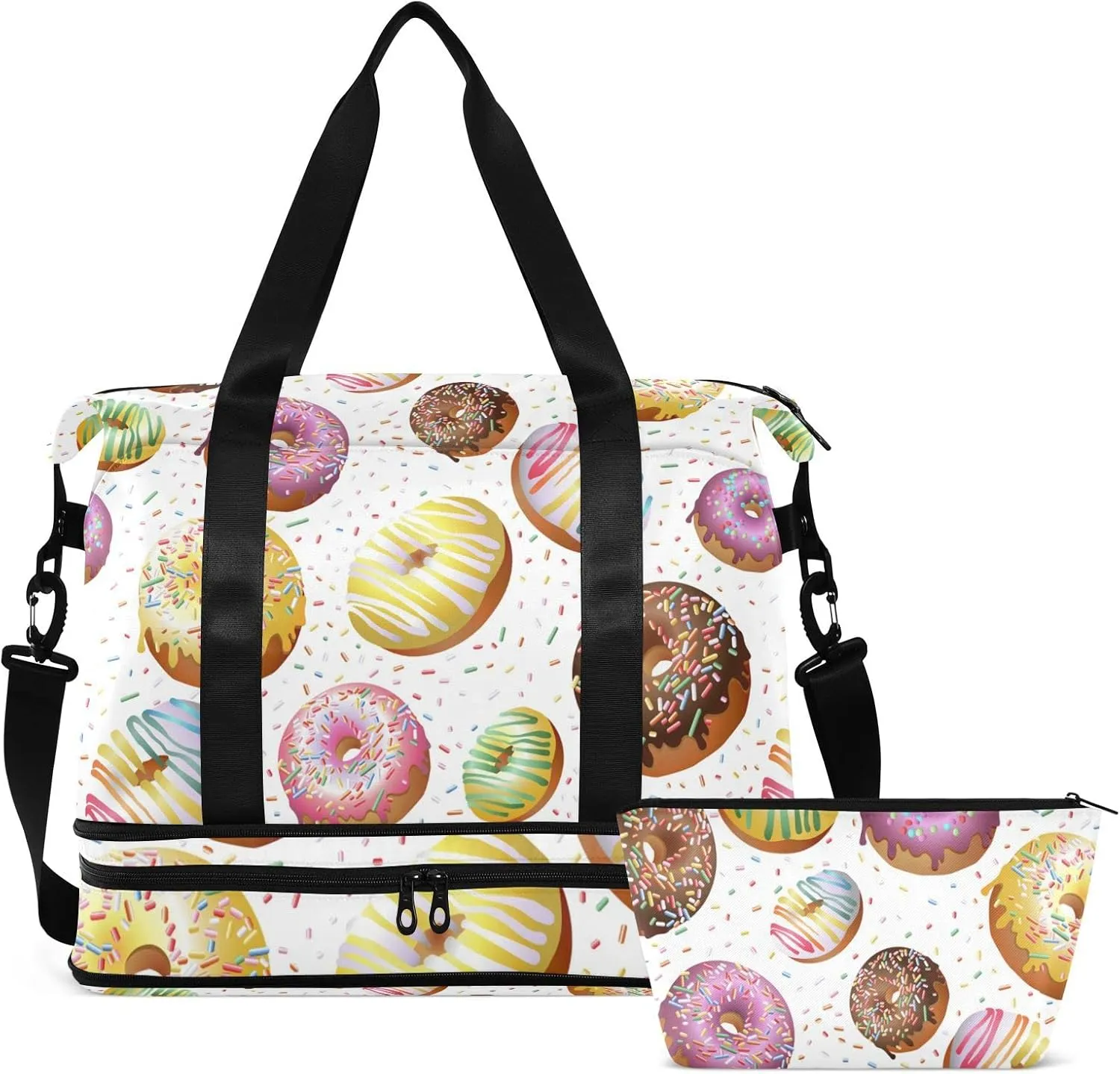 Seamless Colorful Donuts and Candies Dots Biscuits on White Gym Duffel Bag, Polyester Travel Weekender Luggage Handbag with Waterproof Pocket for Wet Items, Unisex Foldable Tote for Sports