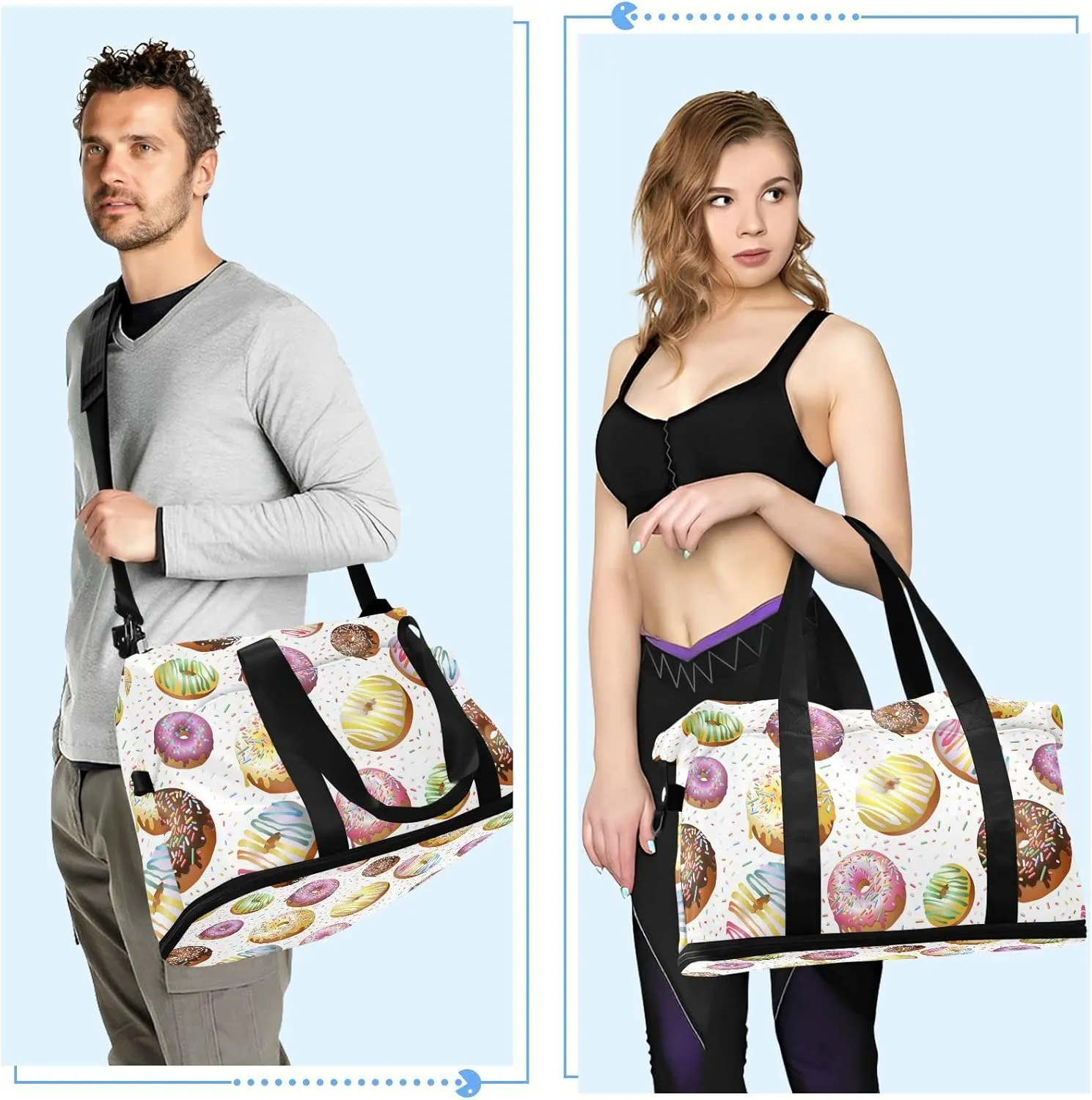 Seamless Colorful Donuts and Candies Dots Biscuits on White Gym Duffel Bag, Polyester Travel Weekender Luggage Handbag with Waterproof Pocket for Wet Items, Unisex Foldable Tote for Sports