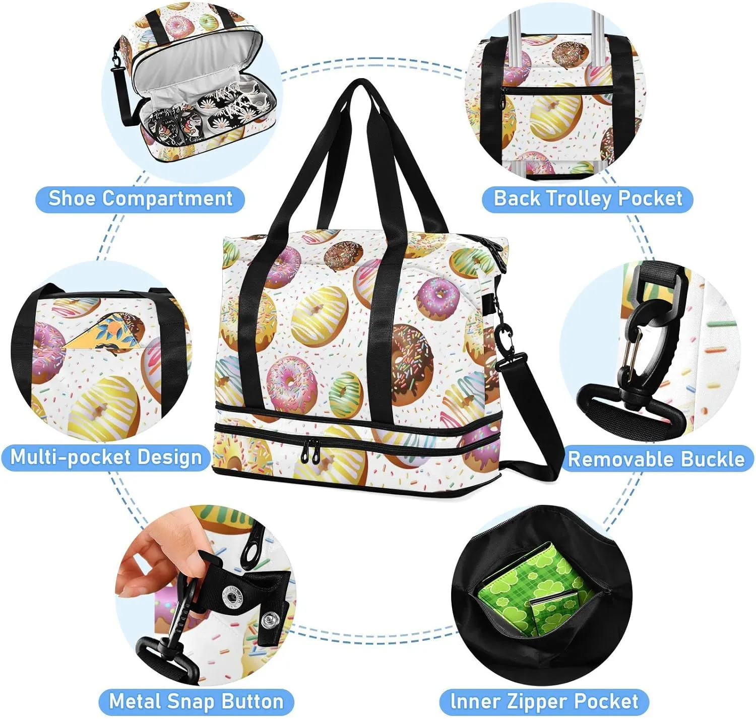 Seamless Colorful Donuts and Candies Dots Biscuits on White Gym Duffel Bag, Polyester Travel Weekender Luggage Handbag with Waterproof Pocket for Wet Items, Unisex Foldable Tote for Sports