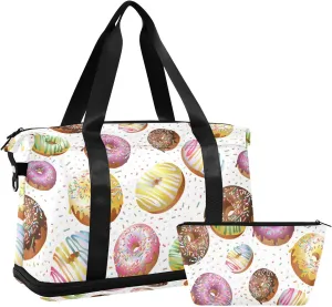 Seamless Colorful Donuts and Candies Dots Biscuits on White Gym Duffel Bag, Polyester Travel Weekender Luggage Handbag with Waterproof Pocket for Wet Items, Unisex Foldable Tote for Sports