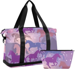 Seamless Colorful Horses Shiny Stars Sparks on Purple Gym Duffel Bag, Polyester Travel Weekender Luggage Handbag with Waterproof Pocket for Wet Items, Unisex Foldable Tote for Sports