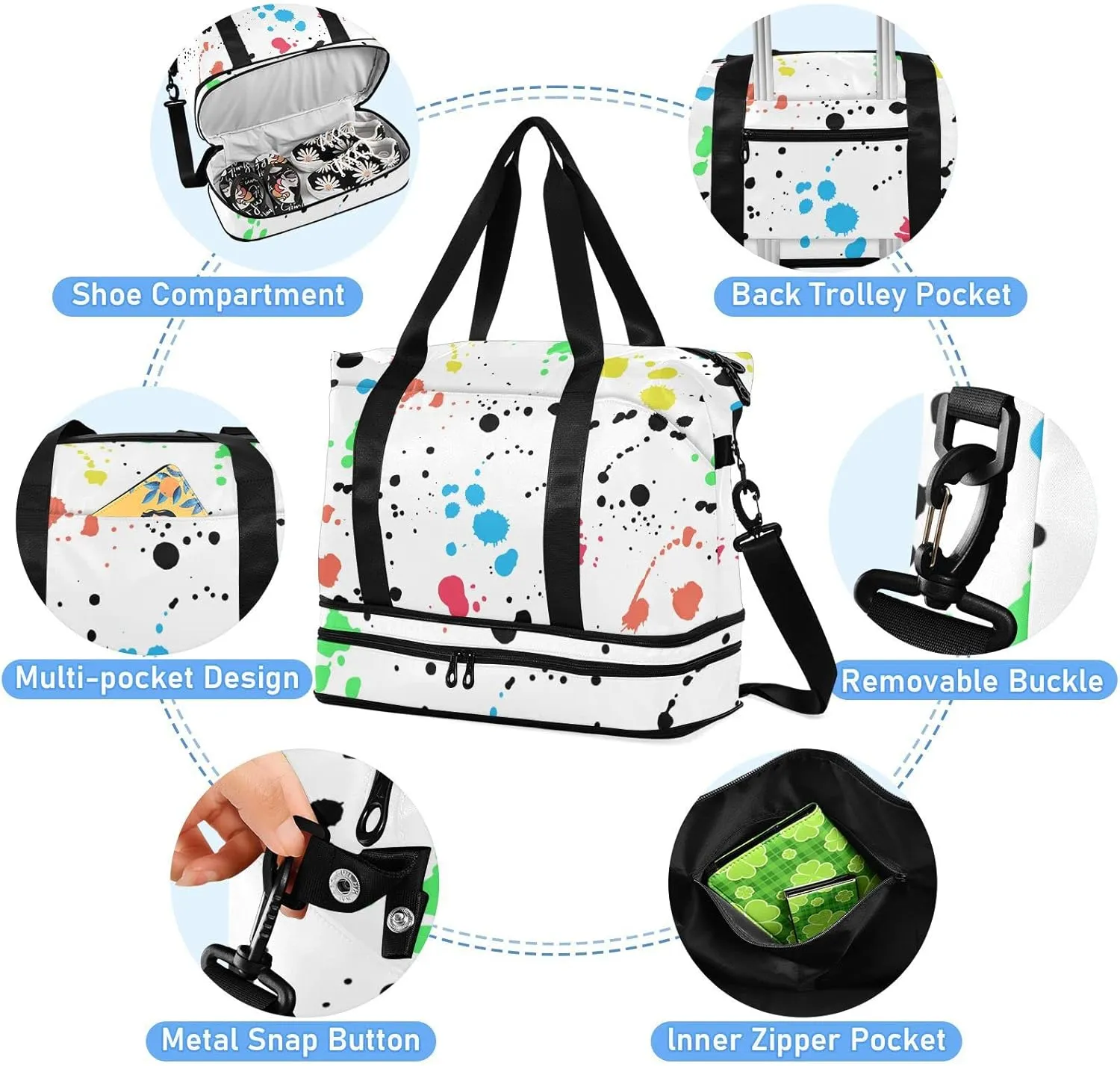 Seamless Colorful Ink Spray Brushes Dots Spots Stains on White Gym Duffel Bag, Polyester Travel Weekender Luggage Handbag with Waterproof Pocket for Wet Items, Unisex Foldable Tote for Sports