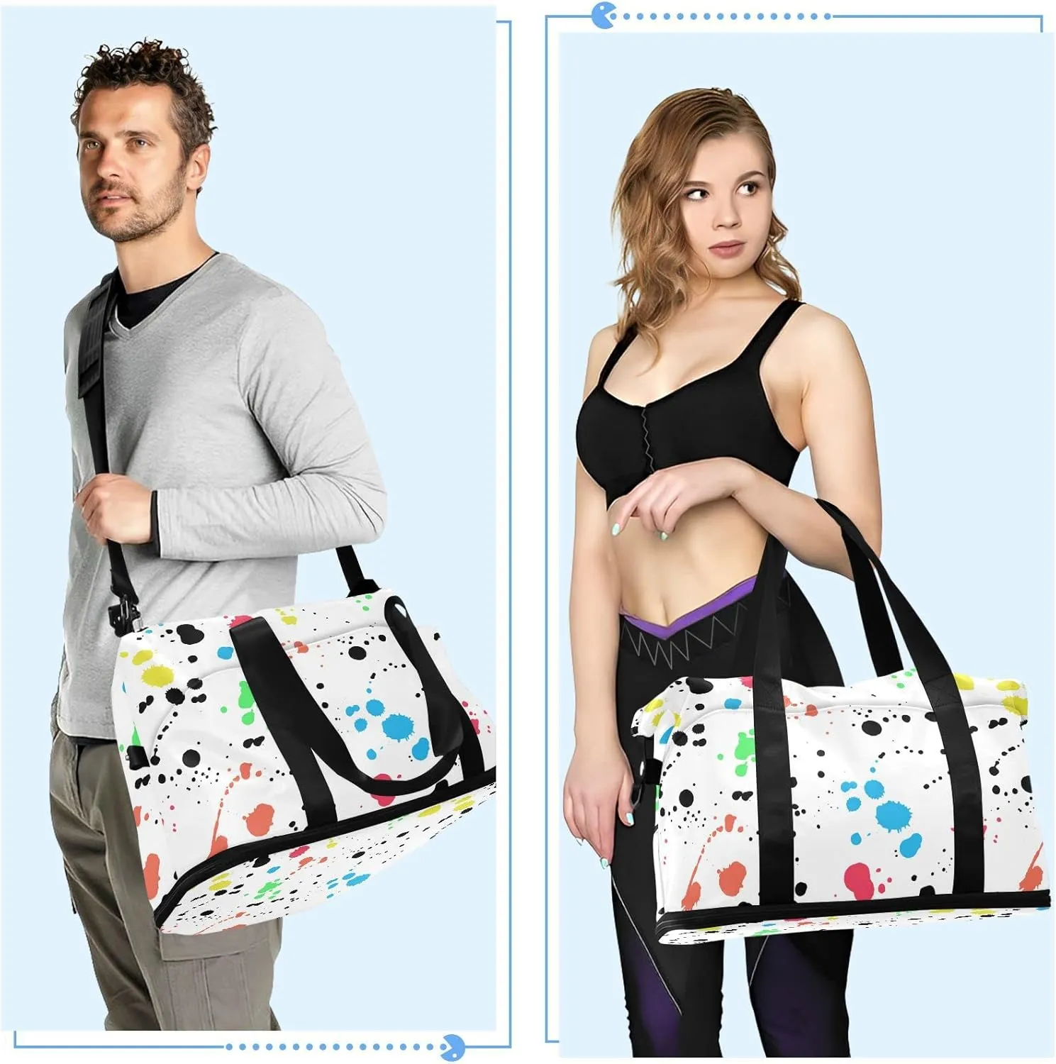 Seamless Colorful Ink Spray Brushes Dots Spots Stains on White Gym Duffel Bag, Polyester Travel Weekender Luggage Handbag with Waterproof Pocket for Wet Items, Unisex Foldable Tote for Sports