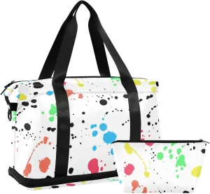 Seamless Colorful Ink Spray Brushes Dots Spots Stains on White Gym Duffel Bag, Polyester Travel Weekender Luggage Handbag with Waterproof Pocket for Wet Items, Unisex Foldable Tote for Sports