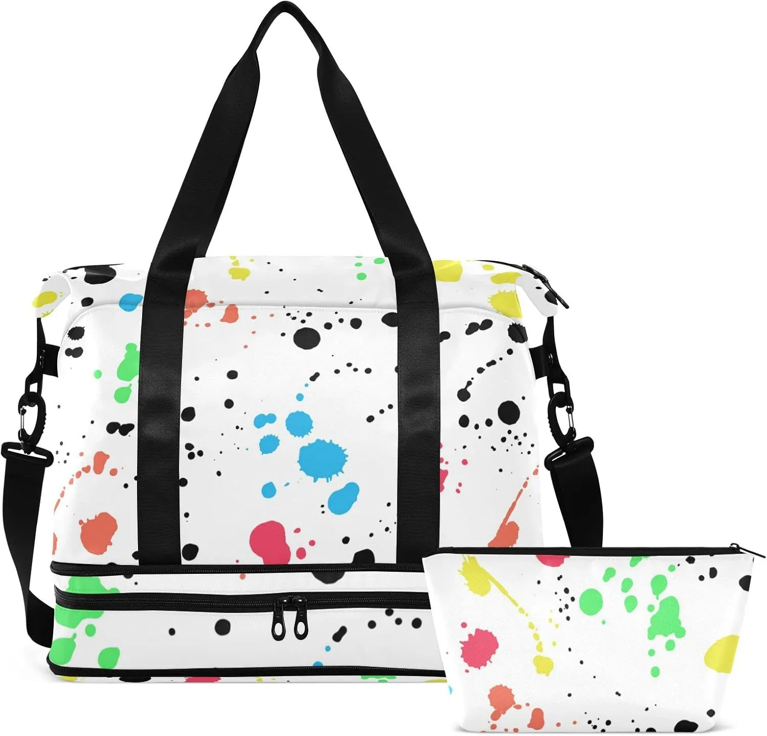 Seamless Colorful Ink Spray Brushes Dots Spots Stains on White Gym Duffel Bag, Polyester Travel Weekender Luggage Handbag with Waterproof Pocket for Wet Items, Unisex Foldable Tote for Sports