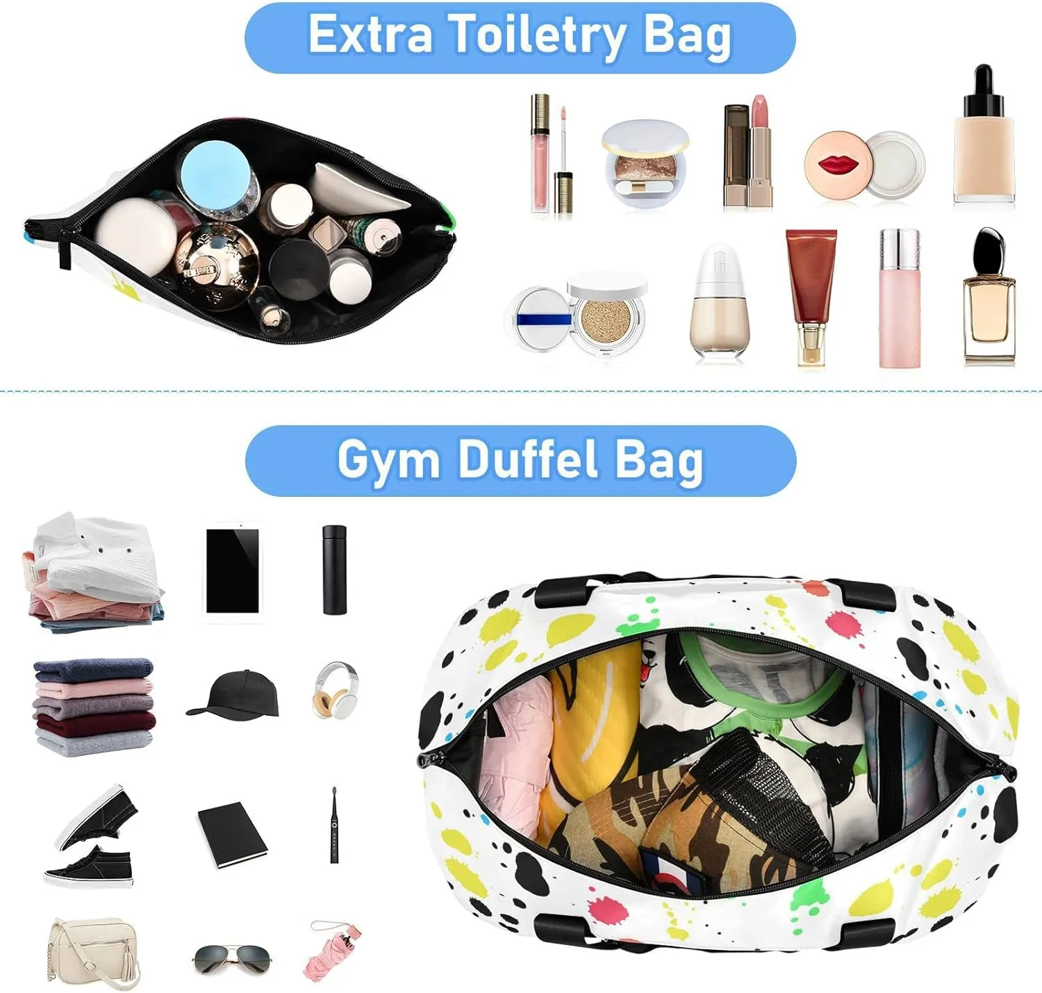 Seamless Colorful Ink Spray Brushes Dots Spots Stains on White Gym Duffel Bag, Polyester Travel Weekender Luggage Handbag with Waterproof Pocket for Wet Items, Unisex Foldable Tote for Sports
