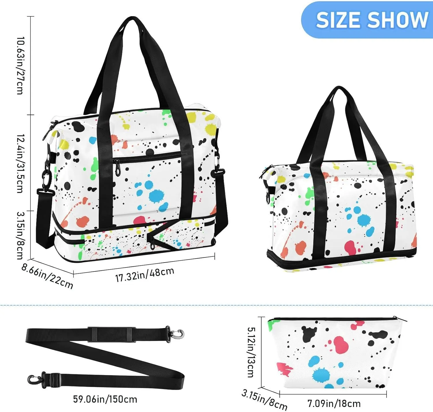 Seamless Colorful Ink Spray Brushes Dots Spots Stains on White Gym Duffel Bag, Polyester Travel Weekender Luggage Handbag with Waterproof Pocket for Wet Items, Unisex Foldable Tote for Sports