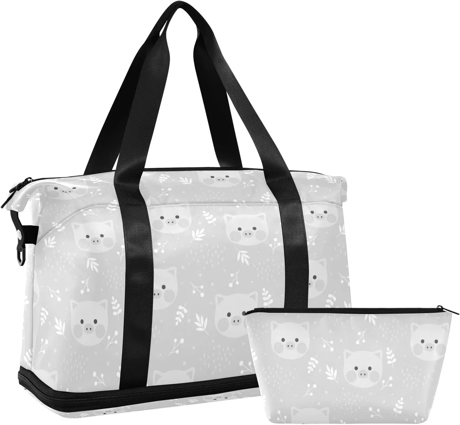 Seamless Cute Grey Pigs with White Herbs on Grey Gym Duffel Bag, Polyester Travel Weekender Luggage Handbag with Waterproof Pocket for Wet Items, Unisex Foldable Tote for Sports