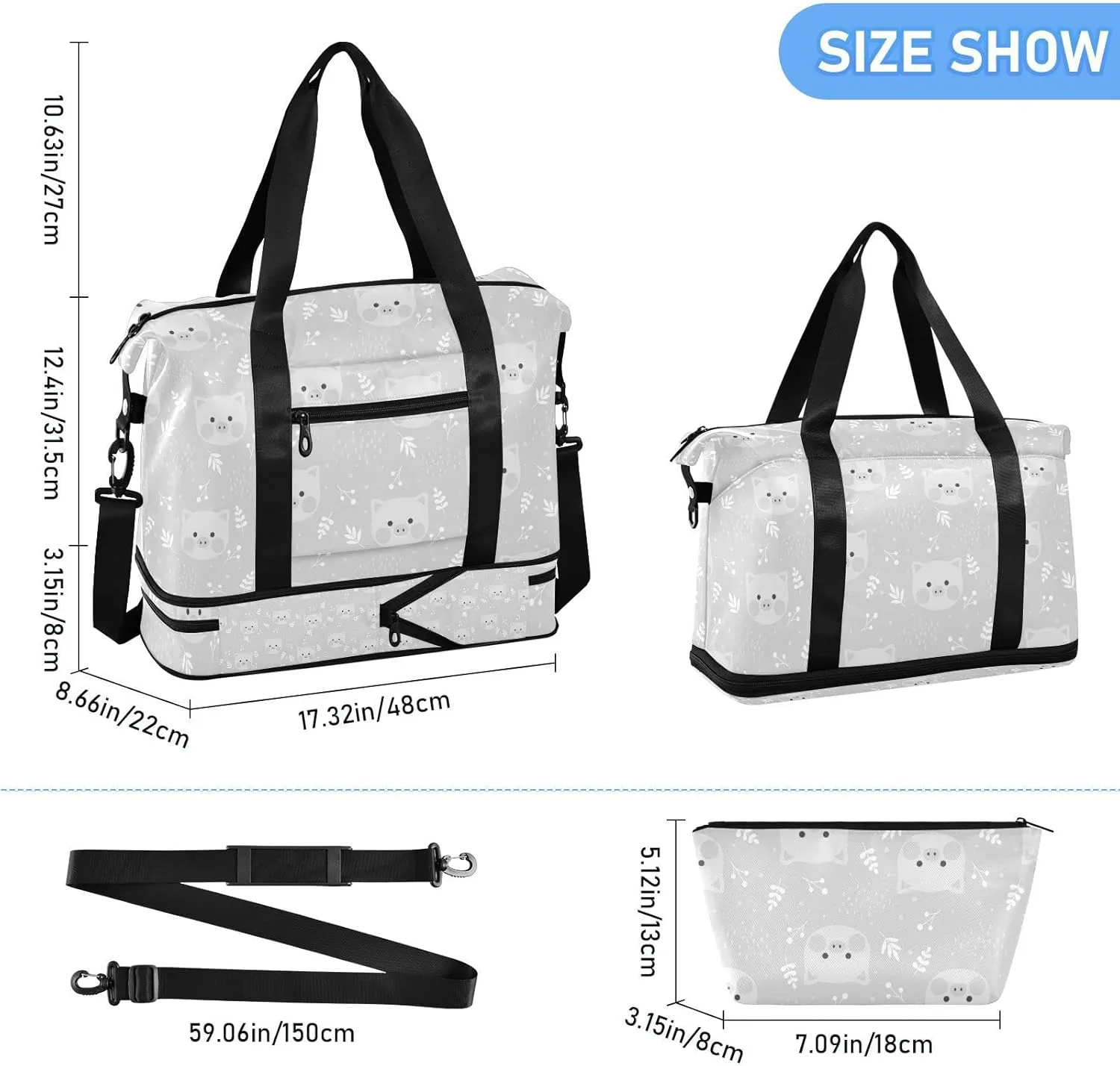 Seamless Cute Grey Pigs with White Herbs on Grey Gym Duffel Bag, Polyester Travel Weekender Luggage Handbag with Waterproof Pocket for Wet Items, Unisex Foldable Tote for Sports