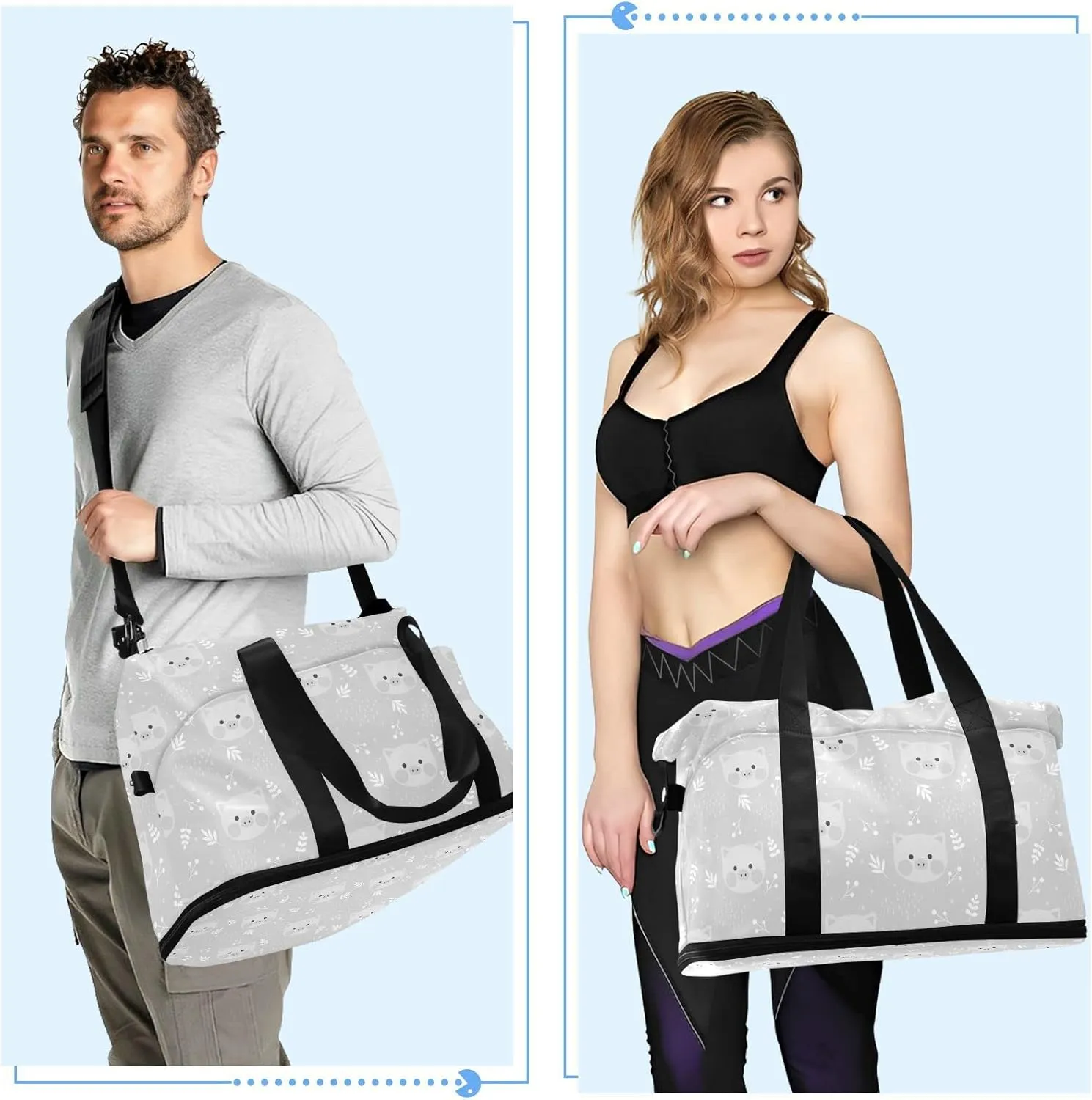 Seamless Cute Grey Pigs with White Herbs on Grey Gym Duffel Bag, Polyester Travel Weekender Luggage Handbag with Waterproof Pocket for Wet Items, Unisex Foldable Tote for Sports