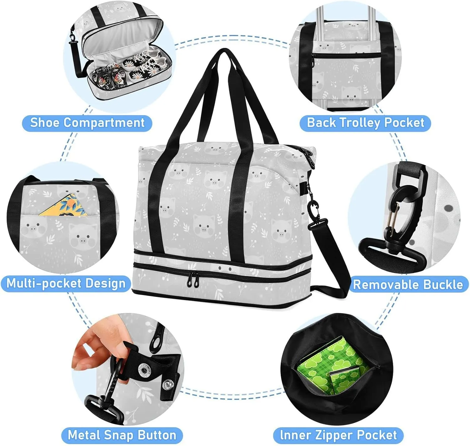 Seamless Cute Grey Pigs with White Herbs on Grey Gym Duffel Bag, Polyester Travel Weekender Luggage Handbag with Waterproof Pocket for Wet Items, Unisex Foldable Tote for Sports